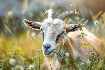 Wall Mural - Adult goat eating grass in lush field