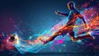 © tinnakorn - Abstract colorful illustration of a soccer player kicking a ball, with dynamic lines and vibrant colors.