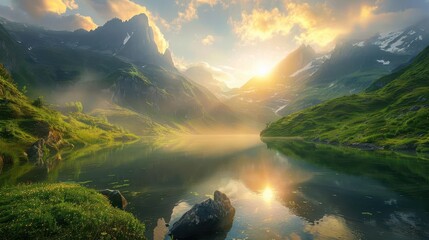 Wall Mural - majestic mountain landscape misty peaks lush green valleys golden sunlight serene lake reflection aweinspiring nature scene