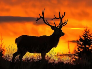 Wall Mural - majestic stag silhouetted against vibrant orange sky antlers pronounced pose noble tall grass and distant trees frame the scene warm hues paint clouds creating a serene twilight atmosphere