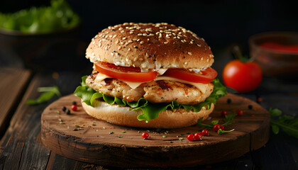 Wall Mural - Sandwich with chicken burger, tomatoes, cheese and lettuce on wooden table