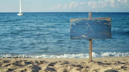 Wall Mural - Rustic beach sign standing in the sand against a backdrop of the ocean waves. A calm scene presented in a minimalist style for serene beach lovers. The sign is slightly weathered by time. AI