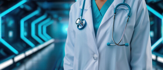 Wall Mural - A doctor is standing in a room with a blue background