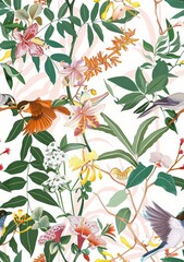 Vibrant floral and bird pattern showcasing intricate leaves, flowers, and birds in a lush, colorful design.