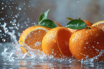 Wall Mural - Fresh oranges with green leaves splashing in water, showcasing freshness and vitality, perfect for health and nutrition themes.