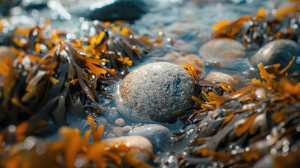 Wall Mural - Sea pebble in seaweed in ocean on sunny day