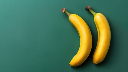 Wall Mural - Yellow bananas in two bunches with green background and space for text