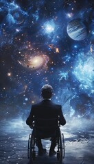 Wall Mural - A scientist sits in a wheelchair against the backdrop of space with planets. The astronomer dreams of conquering the universe.