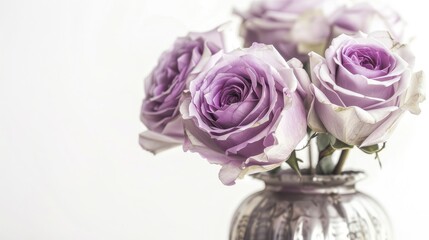 Wall Mural - Vintage vase holding purple roses on white background