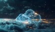 © mostafa - A cloud in the shape of an abstract digital data network floating above blue glowing clouds, symbolizing virtualized and cloud computing technology