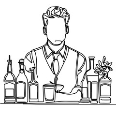 bartender as a line art drawing continuous vector illustration, isolated on transparent background