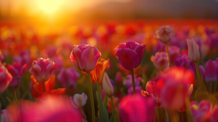 Poster - Sunset over a Field of Tulips