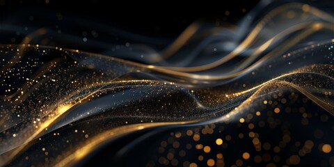 Wall Mural - Abstract Golden Wave Background with Sparkling Particles on Dark Surface