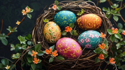 Wall Mural - Vibrant easter eggs nestled in springtime branches