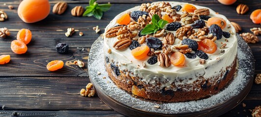 Wall Mural - carrot cake with walnuts, prunes and dried apricots on a dark wood background. toning. 