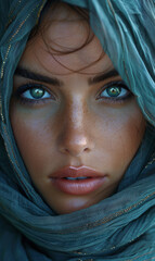 Arab female photo model close-up portrait of her face, creative burqa clothing.