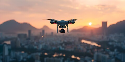 Highquality drone camera capturing cityscape from above with mountain backdrop. Concept Drone Photography, Cityscape, Mountain Landscape, Aerial View, High Quality