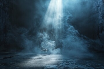 Poster - A dark room with a blue smokey haze and a light shining through it