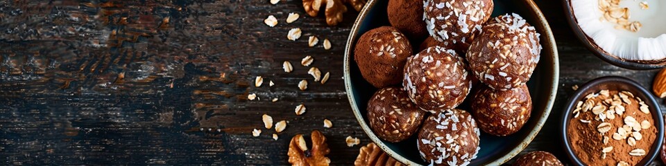 Wall Mural - Dates, cocoa, coconut, oats, walnuts, raw vegan balls. place for text