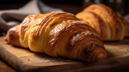 Wall Mural - fresh croissant on a table, french continental baked breakfast pastry, extreme close up