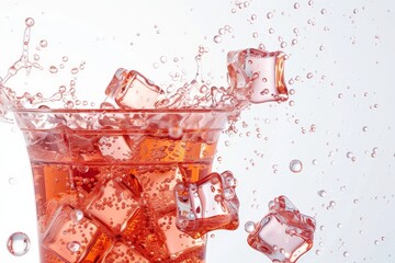 a glass of soft drink splashing out on white background