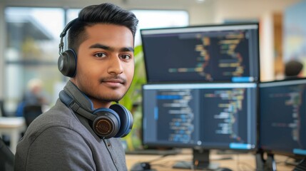 The picture of the software developer or programmer working with the computer and data inside the dark room with monitor, the developer require skills like problem solving and program language. AIG43.