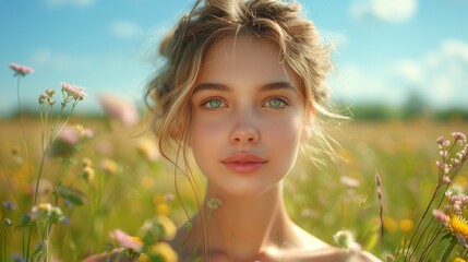 Wall Mural - Young Woman With Blonde Hair Looking at Camera in Summer Field