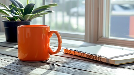 Bright small orange mug on a minimalist desk with a business notepad and Ficus plant.