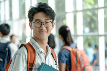 Asian student is smiling while holding books at school hallway with his classmates in the background