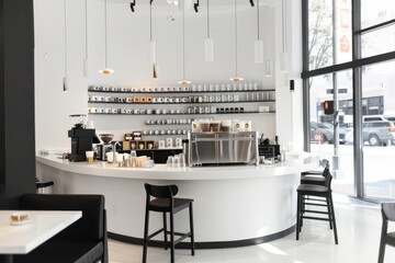 Modern coffee shop bar with a white counter and black pendant lights, minimal interior design. cafe is modern and woodsy, giving it an open, modern style