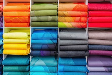 Neatly organized stacks of colorful fabric in a variety of shades and textures.