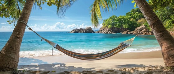 a hammock hanging between two palm trees on a tropical beach with clear blue water and a sandy shore with a rock formation in the background 