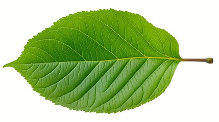 Wall Mural - A leaf is shown on a white background. The leaf is green and has a pointed tip. The leaf is the main focus of the image, and it is a single leaf, not part of a larger plant