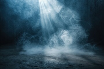 Wall Mural - A dark room with a blue background and a large cloud of smoke