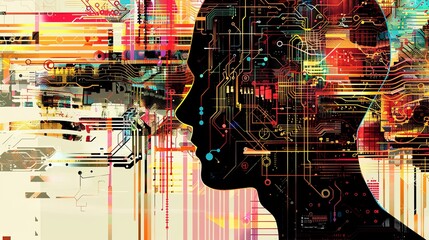 Wall Mural - Abstract artwork of human head silhouette with circuit board design