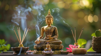 Peaceful Thai style golden buddha statue seated in a meditative pose calm peace and serene in nature environment with candle and incense sticks for relax meditation image.