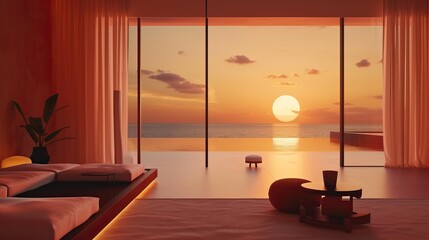 Wall Mural - A luxurious modern living room with large glass doors opening to a stunning ocean sunset view. The room features minimalist furniture, soft lighting, and a serene ambiance.