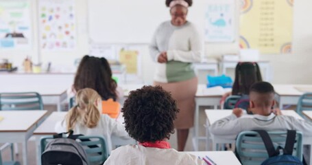 Aufkleber - Back, student and raised hand for answer in classroom with question, knowledge and learning in education. Children, diversity group and curious at school with study, solution and feedback for exam