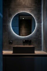 Wall Mural - Interior of modern bathroom with dark gray walls, concrete floor, comfortable black bathtub and round mirror.