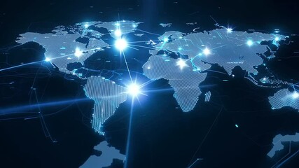 A global map focusing on bright dots showing the network connections of data centers