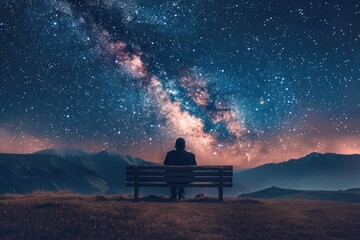 Milky Way Sky. Man Contemplating the Freedom Under Starry Night Sky on Bench
