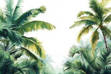 Watercolor painting of lush green tropical palm trees framing a white background