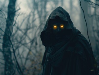Person in Hooded Jacket with Glowing Eyes