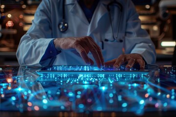 Sticker - A doctor is typing on a tablet with a blue screen