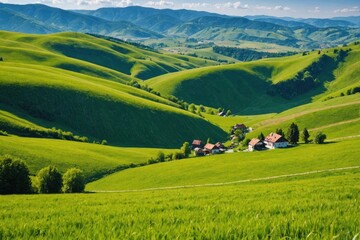 panorama of beautiful countryside of romania. sunny afternoon. wonderful springtime landscape in mountains. grassy field and rolling hills. rural scenery