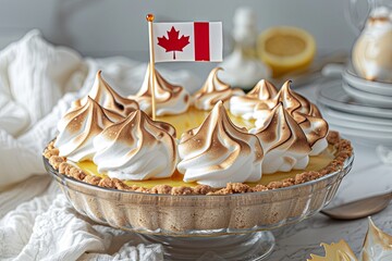 Canvas Print - A pie with whipped cream and a maple leaf flag on top