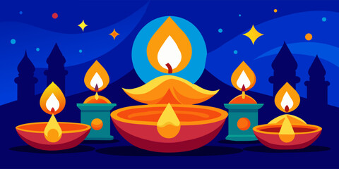 Wall Mural - Bright oil lamps illuminate diwali celebrations in india, spreading joy and color against the night sky. Perfect for festive designs conveying happiness and celebration