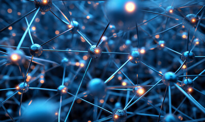 Wall Mural - Intricate network of connected glowing nodes and wires in a blue digital space, representing complex connectivity