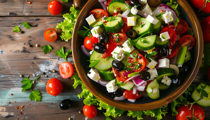 Wall Mural - Greek salad with fresh vegetables, feta cheese and black olives on wooden table. Top view