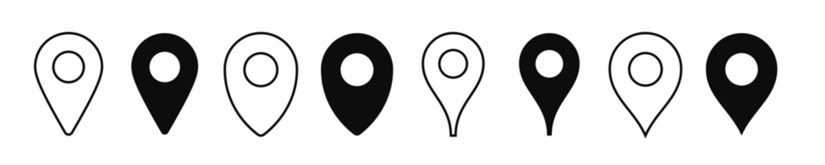 Pin locate icons for map destination or landmark GPS address, line vector. Location pin icons for here point or address destination on navigation map